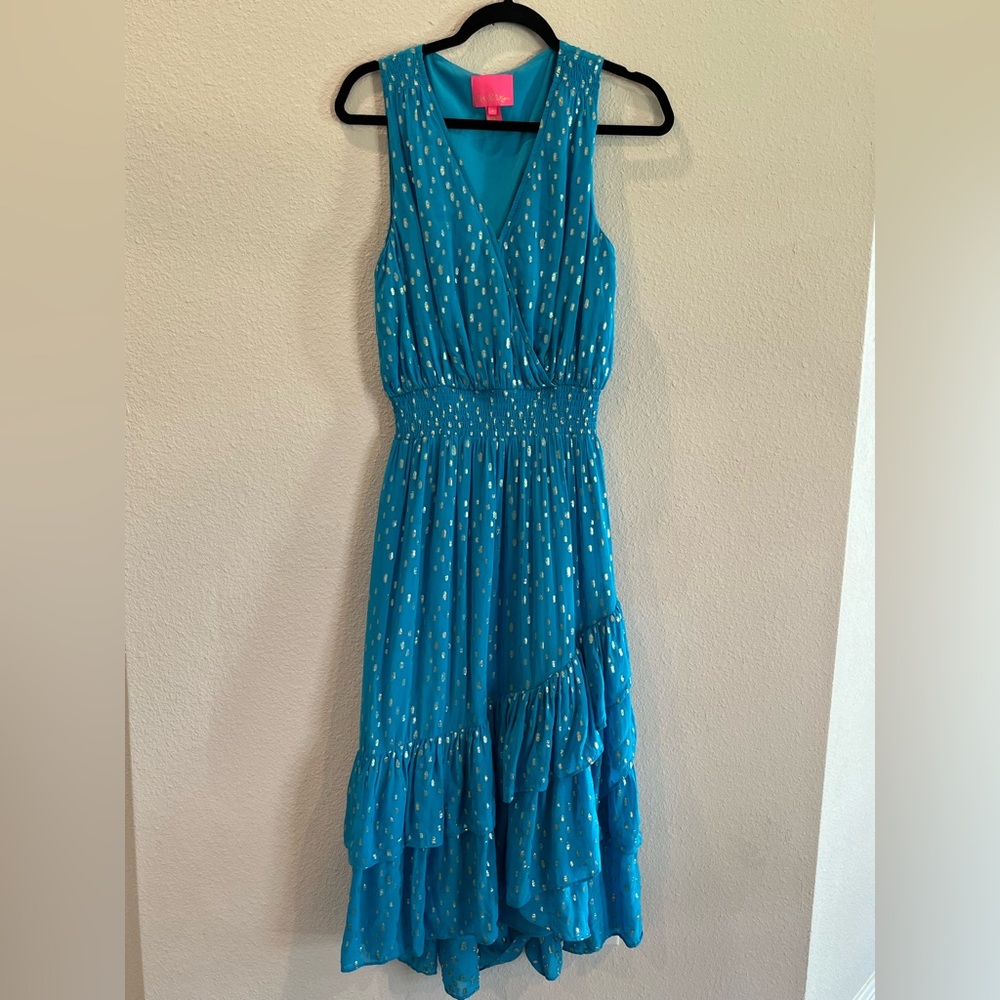 Lilly Pulitzer Valeri Midi Dress in "Cumulus Blue" Metallic
